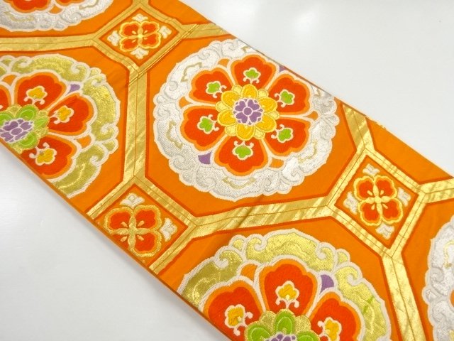 JAPANESE KIMONO / ANTIQUE FUKURO OBI / SILK / WOVEN FLORAL CREST & SHOKKOMON